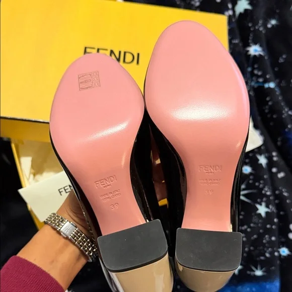 Fendi Black Patent Leather Block Heel Pumps with Pink Sole - Picture 2 of 4